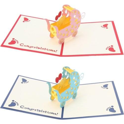 3D Baby CarriagesGreeting Card Pop Up Paper Cut Postcard Birthday Party Gift