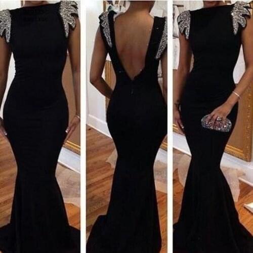 Black Sexy Vening Dresses 2020 Mermaid V-neck Cap Sleeves Satin Beaded Islamic Dubai Saudi Arabic Long Evening Gown Prom Cheap