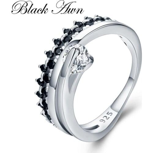 Black Awn 2021 New Trendy 925 Sterling Silver Fine Jewelry Engagement Black Spinel Wedding Ring for Women G042