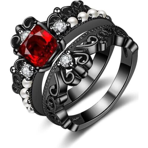X-Jue New Fashion Luxury Filled Pearl Rings For Women Wedding Engagement Black Gold Color Red Cz Zircon Rings Sets Crown Jewelry