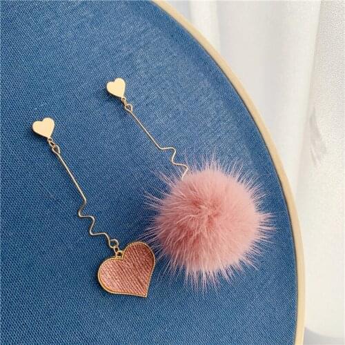 Fashion Cute Pink Mink Hairball Heart Asymmetry Long Dangle Earrings For Women Autumn Winter Pompom Dangle Earring Jewelry gifts