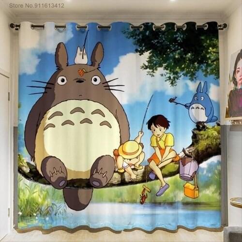 Cartoon Totoro Curtains For Kids Living Room Bedroom Healing Anime Window Treatment Drapes Ultra-thin Micro Shading Curtains