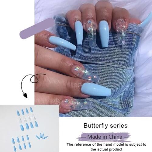 24pcs Butterfly Fake Nails Coffin Extra Long Press On Nails Blue False Nails Full Cover Nails for Women And Girls