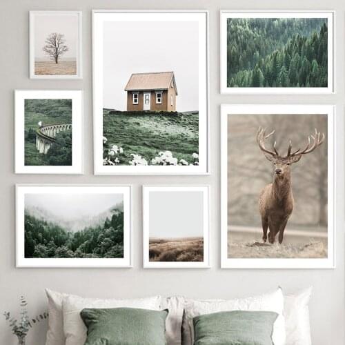 Wooden House Deer Reed Forest Path Tree Wall Art Canvas Painting Nordic Posters And Prints Wall Pictures For Living Room Decor
