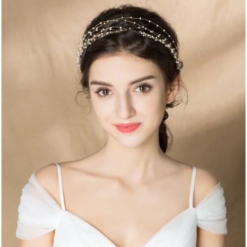 Romantic Elegant Bridal Headdress Golden Alloy Multi-Stand Millet Beads Chain Headband for Wedding Perform Studio Prop O628