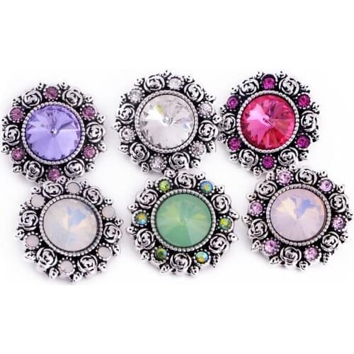 Wholesale 20mm Custom Full Crystal Opal Galss Snap Button Jewelry Silver Retro Rose Flower Shape Snap DIY jewelry MDB18-270
