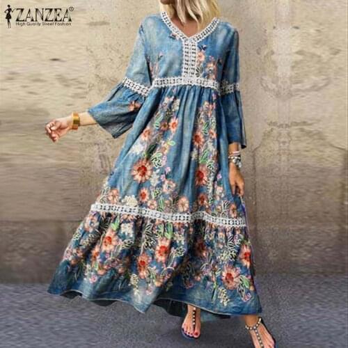 Bohemian Printed Dresses ZANZEA Women Holiday Floral Dress Summer V Neck Flare Sleeve Beach Vestidos 2020 Lace Crochet Sundress