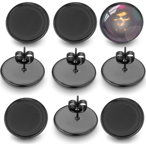 20Pcs Lot Stainless Steel Gun Black Stud Earrings Setting Blank Base Cabochon Cameo 6 8 10 12 MM for Diy Jewelry Making Supplies