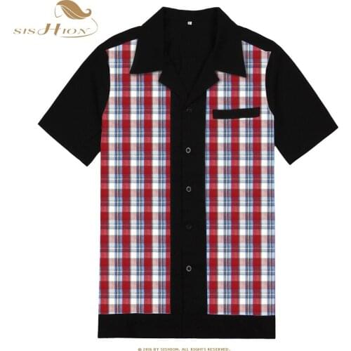SISHION New Casual Rock Bowling Men Shirt blouse ST111 Short Sleeve Black Cotton Vintage Plaid Shirt
