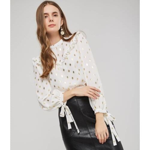 Polka Dots Chiffon Blouse Women Top Golden Sequin Design Chic Fashion Polka DotsBlouses White Office Lady Blouse Top