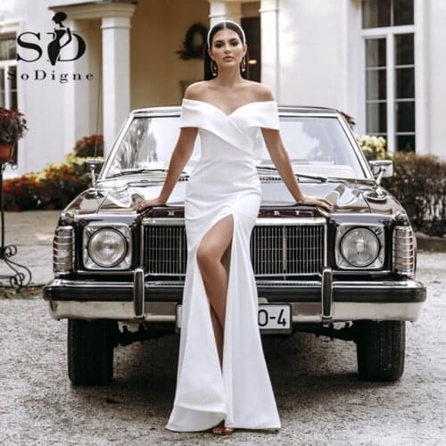 SoDigne Boho Satin Mermaid Wedding Dress Simple Sexy Side Slit Off Shoulder Beach light Wedding Bridal Gown