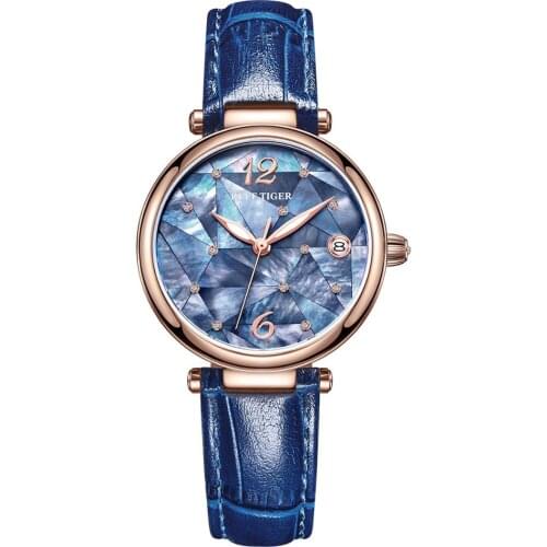 Reef Tiger/RT New Design Luxury 316L Steel Blue Dial Automatic Watches Women Genuine Leather Strap Watches RGA1584