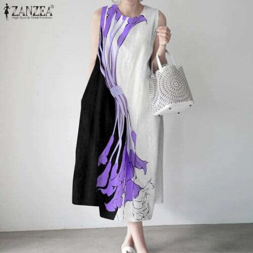 Women Retro Dresses ZANZEA 2021 Summer Floral Print Mid-calf Vestidos Casual Sleeveless Sundress Ladies Loose Robe