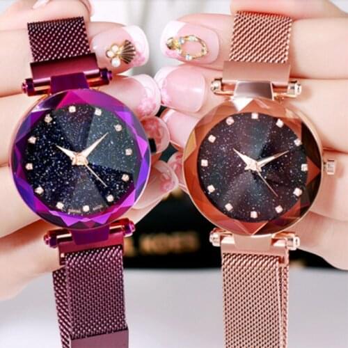 Women Stylish Quartz Wrist Watch Mesh Alloy Magnet Strap Starry Sky Dial Casual Watches LXH