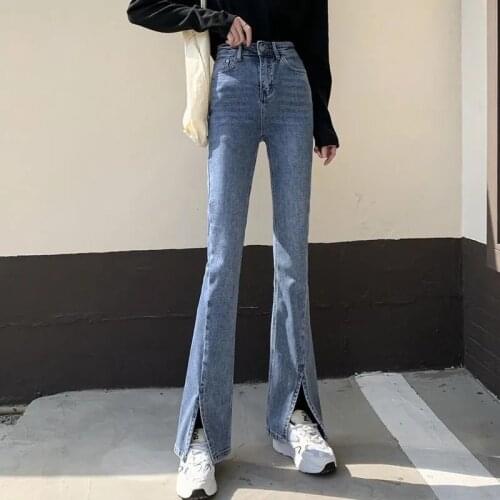 Fashion High Waist Slit Flares Jeans Women Vintage Streetwear Denim Bell Bottom Pants Spring Solid Washed Denim Trousers