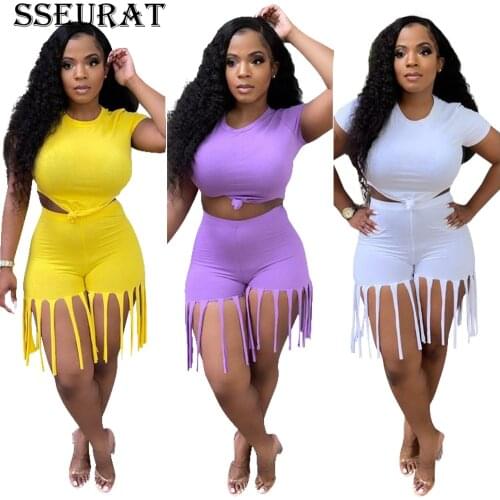 SSEURAT Women Solid Two Piece Set Short Sleeve T-shirt Crop Top Tassel Shorts Casual Active Fitness Suit Female Outfits