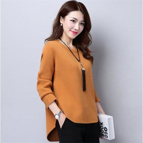 Women O-Neck Sweater 2019 New Spring Autumn Casual Loose Knitted Tops Female Solid Long Sleeve Split Pullover Plus Size 3XL 1032