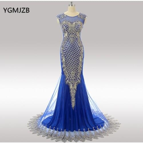 Royal Blue Long Evening Dresses 2020 Mermaid Floor Length Beaded Appliques Lace Elegant Women Formal Party Prom Gowns