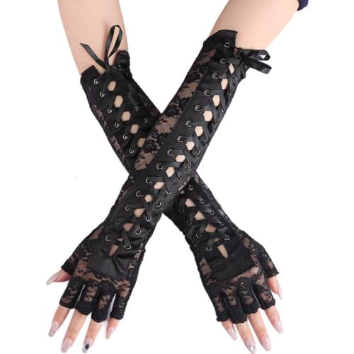 Sexy Long Lace Gloves for Women Elbow Ribbon Fingerless Gloves Party Dance Fishnet Disco Mittens Good Quality Gothic Lady Gloves