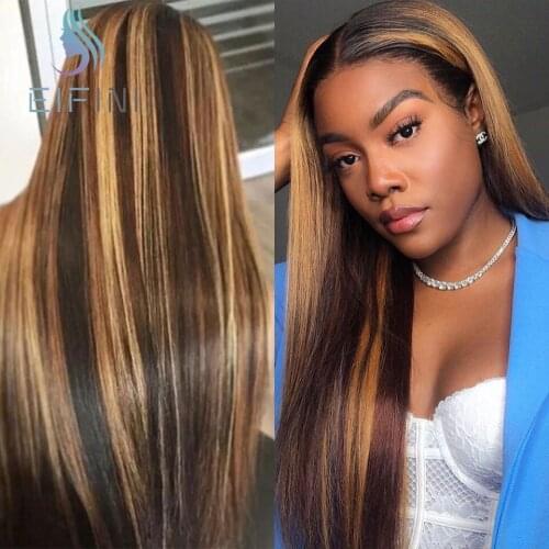 13X6 Brazilian Straight Human Hair T Part Lace Wigs Pre Plucked Ombre Colored Highlight Brown Lace Front Wigs For Black Women