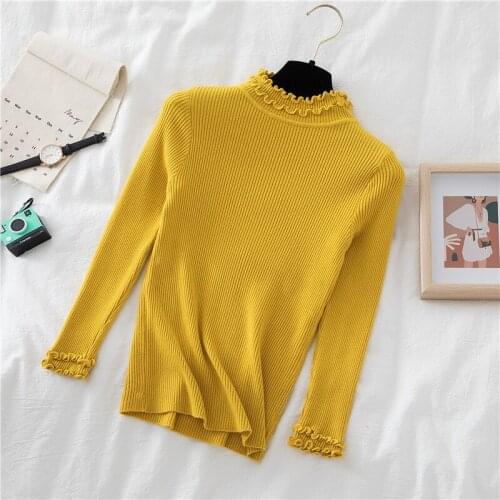 2021 Autumn Women Long Sleeve Turtleneck Knitted Basic Ruffles Sweater Shirt Lady Elastic Slim Ribbed Pullover Chic Blouse Tops
