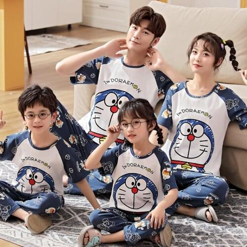 2021 Doraemon Cartoon Parent-Child Pajamas For Boys Girls Children Pure Cotton Spring Summer Home Wear Long Pants Kids Clothes