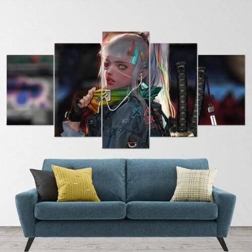 5 Piece Wall Art Canvas Anime Figure Posters Samurai Girl Katana Punk Style Prints Home Living Room Decoration Paintings
