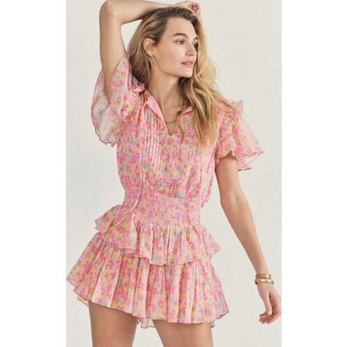 Boho Inspired pink floral print ruffled trims dresses women pintucked front tiered cute summer dress V-neck ladies dress party