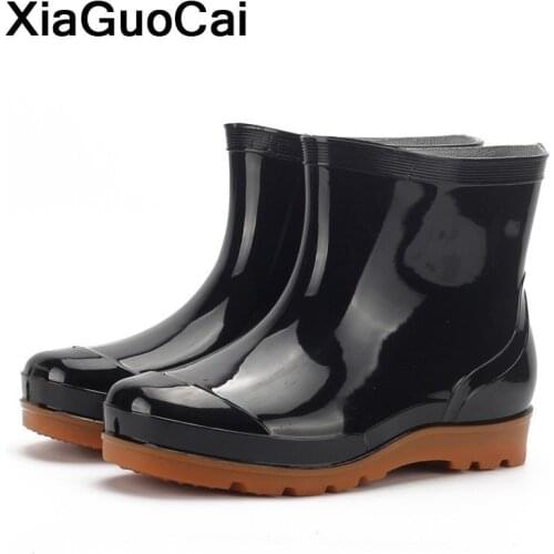 Black Men Rainboots Spring Autumn Male Ankle Boots Waterproof Fishing Wading Shoes Car Wash Work Footwear Slip-On Plastic