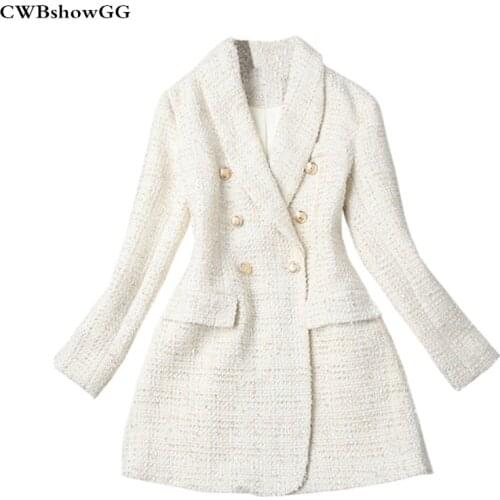 CWBshoGG Autumn And Winter Womens 2019 New Slim Double-Breasted Tweed Vintage Chic Striped Patchwork Long-Sleeved Jacket Coat