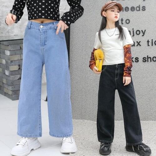 Teenage Girls Jeans 2021 Spring Summer Casual Fashion Loose Blue Kids Leg Wide Pants School Children Trousers 6 8 10 12 Year