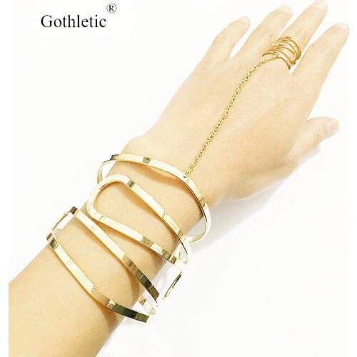 Gothletic Gold/Rhodium Color Open Metal Cuff Slave Bracelets & Bangles Finger Ring Hand Harness