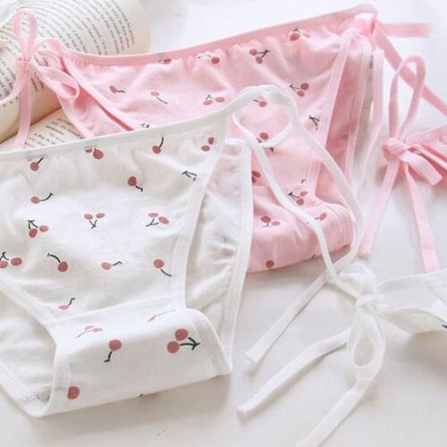 Cherry White Pink Lace-up Cotton Panties Japanese Style Two-dimensional Loli Girl Cute Panties Soft Lace Seamless Panties