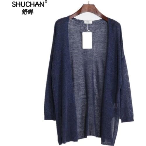 Shuchan Linen Cardigan Women Summer 2019 V-neck Solid Thin Long Sleeve Loose Sweater Women Long Womens Clothing Oversize
