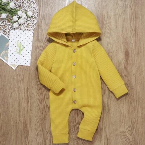 Baby Hooded Jumpsuit Simple Long Sleeve Solid Color Single Breasted Decoration Rolled Cuffs Sweet Style Spring Clothing