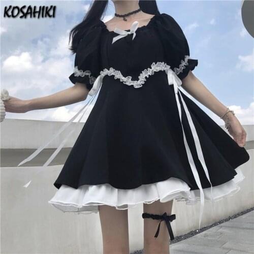 KOSAHIKI Summer Sweet Puff Sleeve Women Dress High Waist Square Collar Kawaii Teens Vestidos Lolita Patchwork Students Clothing