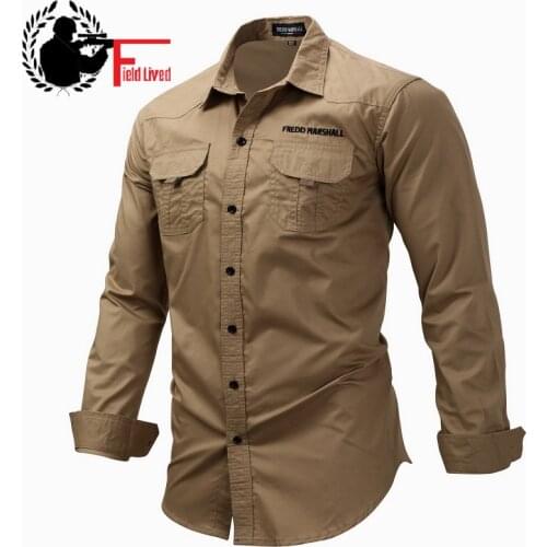 Male Shirt 2020 New 100% Cotton Military Shirt Mens Long Sleeves Casual Shirts Pocket Men Solid Color European Size Black White