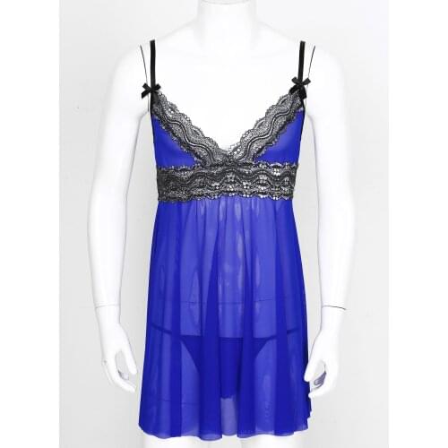 Mens Male Sissy Babydolls Sheer Lace Mesh Lingerie Costumes Adjustable Spaghetti Straps Lace Trim Chemise Babydoll Sleepwear