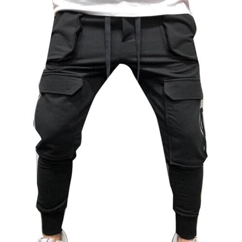 60%HOT Sporty Men Solid Color Drawstring Multi-pockets Cargo Pants Ankle Tie Trousers
