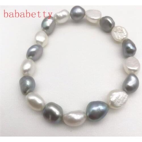 New Nature 9-10mm White and Gray Baroque Pearl Bracelet Elastic Rope