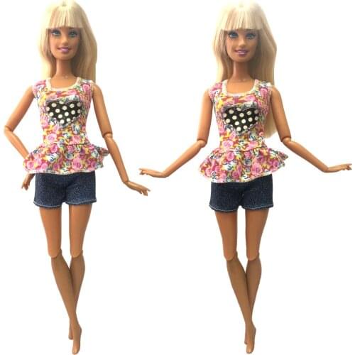NK One Set Newest Doll Fashion Love Vest Printed Clothing Casual Denim Shorts For Barbie Doll Accessories Best Girl Gift 300A 8X