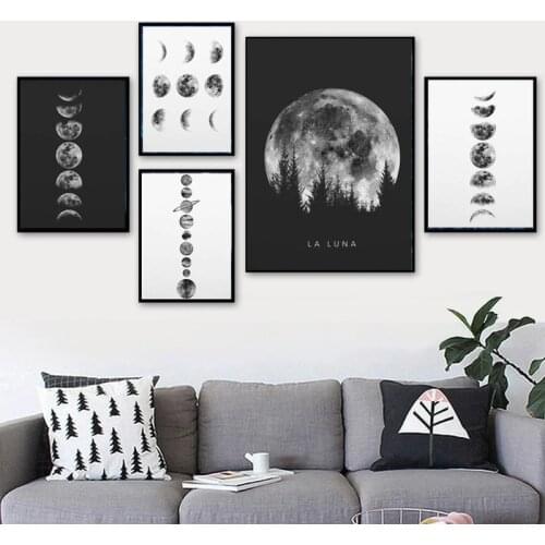 Minimalist Full Moon Poster Black White Moon Phases Canvas Painting Wall Art Picture Aesthetic Room De Prints Solar System Decor