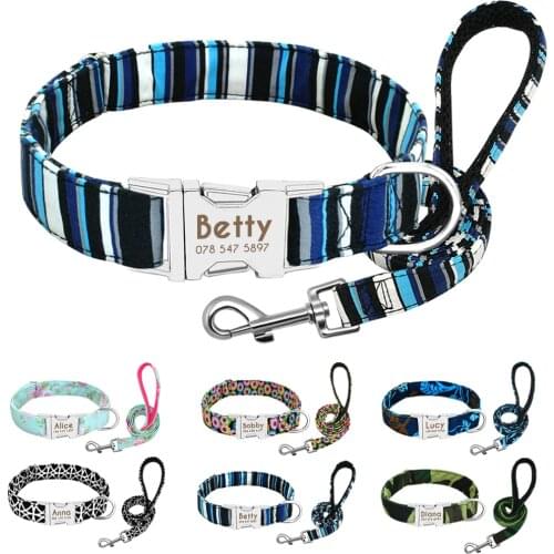 Dog Collar Personalized Nylon Puppy Walking Leash Customized Engraved Pet Collar and Leash For Small Medium Large Dogs