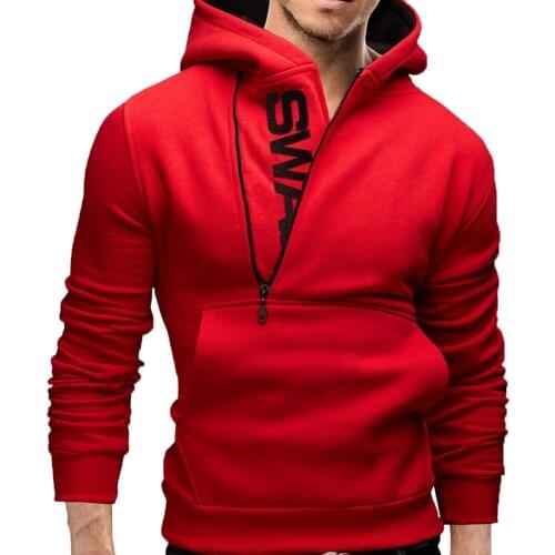 Sports Men Plus Size Slant Zipper Letter Hoodies Long Sleeve Hooded Sweatshirt