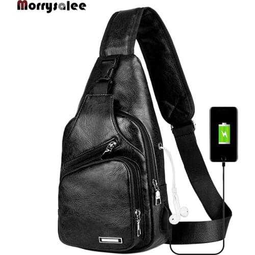 USB Charging Crossbody Bags Men Leather Chest Bag School Summer Short Trip Messengers Bag