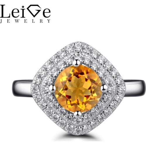 Leige Jewelry Natural Citrine Rings Double Halo Yellow Crystal Wedding Engagement Ring for Women Silver 925 Fine Jewelry