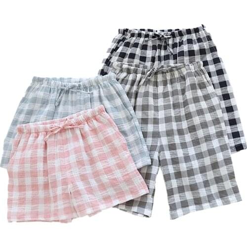Spring Summer Couples Men Women Gauze Cotton Sleep Bottom Comfort Elastic Waist Beach Shorts Lovers Simple Style Plaid Sleepwear