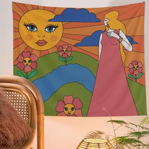 Vintage Rainbow Tapestry Sun Floral Retro Color Nordic Psychedelic Hanging Trippy Room Decor Aesthetic Tapestry Wall Covering