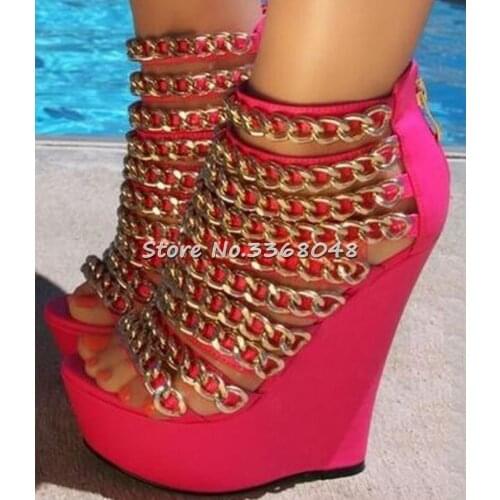 Gold Chains Decor Platform Wedges Woman Sandal Booties Sexy Peep Toe Back Zipper Pink Black Short Boots Cover Heel Big Size 42
