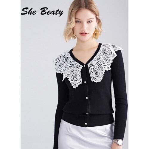 She Beaty Korean Fashion Sweater Cardigans Women Lace Trun-Down Collar Single Breasted Long Sleeve Knitted Tops Outwear Clothing